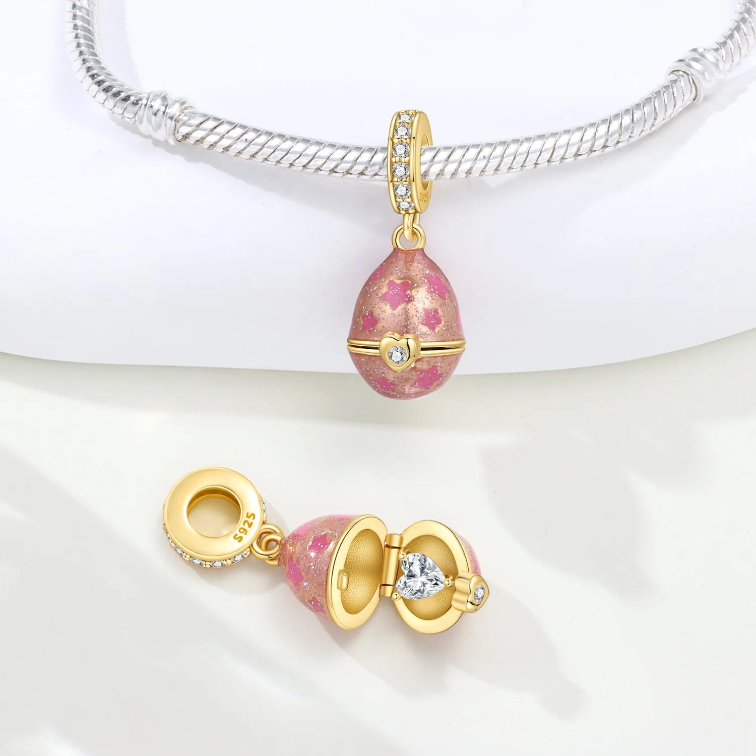 PANPOKI 925 Sterling Silver Pink Easter Love Egg Beads Original Pendants Bracelet Charm Jewelry Party DIY Trendy Gifts