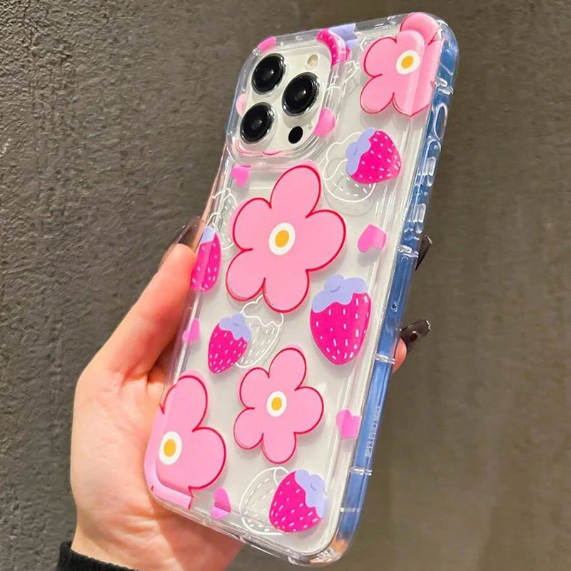 Pink Flower Strawberry Clear Phone Case For iPhone 14 13 11 12 15 16 17 Air Pro Max 16E SE2 7 8 Plus Airbag Shockproof Cover