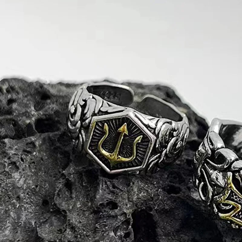 Retro Poseidon Golden Trident Ring For Men Punk Gothic Rock Hiphop Open Ring Handmade Unisex Jewelry Bikers Accessories Man Gift