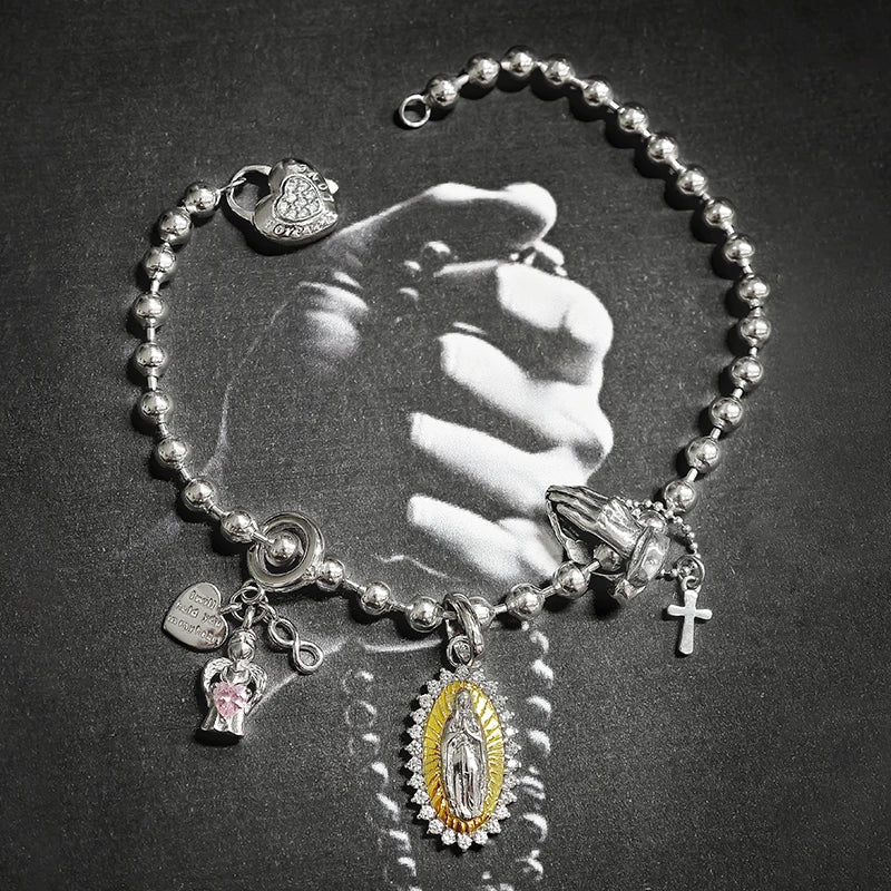 WOSTU Religious Series 925 Sterling Silver Prayer Charms Guardian Angel Pendant Red heart Bead Fit Bracelet DIY Jewelry Making