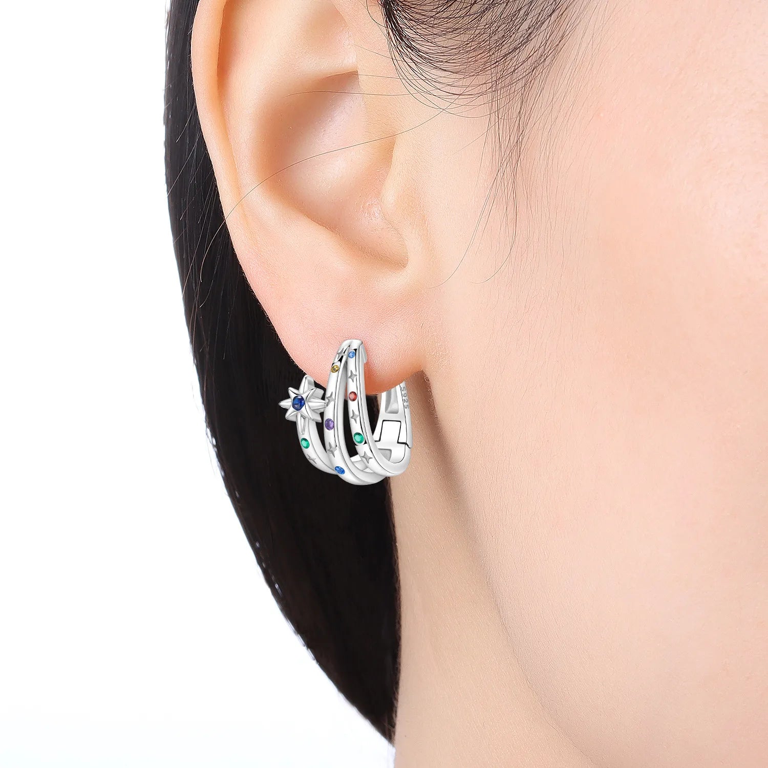 PANPOKI Original 925 Sterling Silver Double Circle Colored Starry Sky Earrings Women Hoop Earring Anniversary Jewelry Gifts