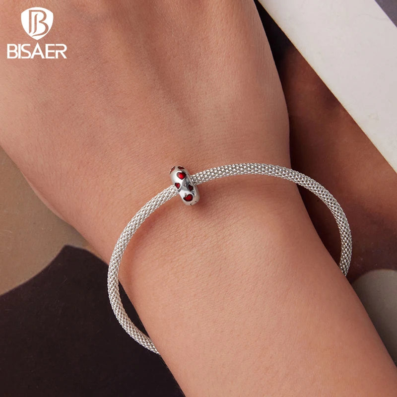 BISAER 925 Sterling Silver Heart Charm Bead Red Enamel Eternal Love Pendant for Women DIY Bracelet & Neckalce Fine Jewelry Gift