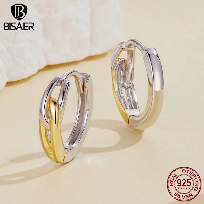 BISAER 925 Sterling Silver Double Ring Hoop Earrings Two-tones Huggie Earrings Plated 14K Gold For OL Women Party Fine Jewelry