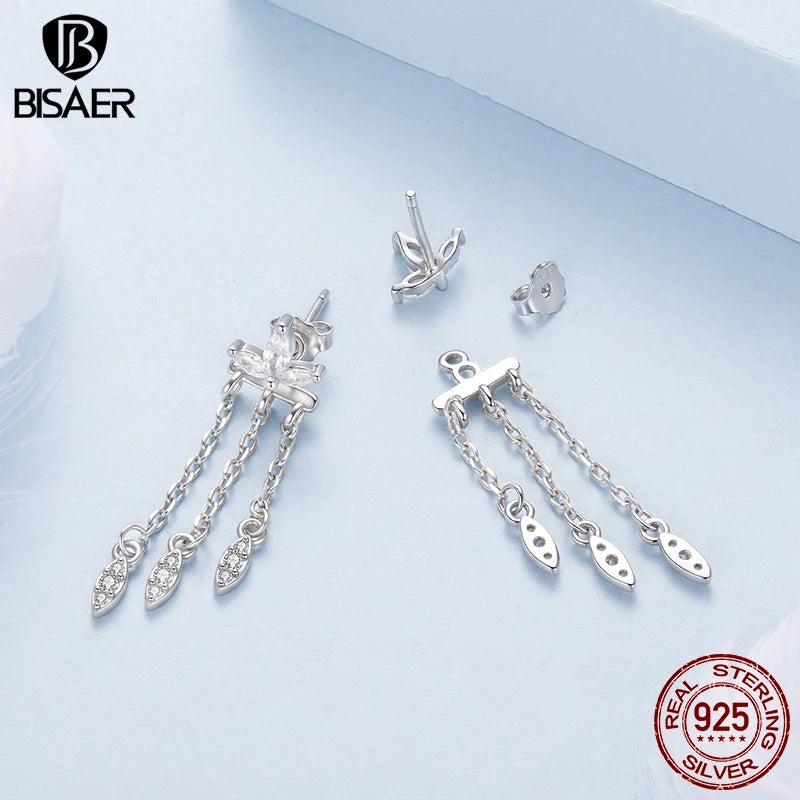 BISAER 925 Sterling Silver Flower Tassel Front-Back Stud Earrings  Hypoallergenic Plated White Gold for Women Party Fine Jewelry