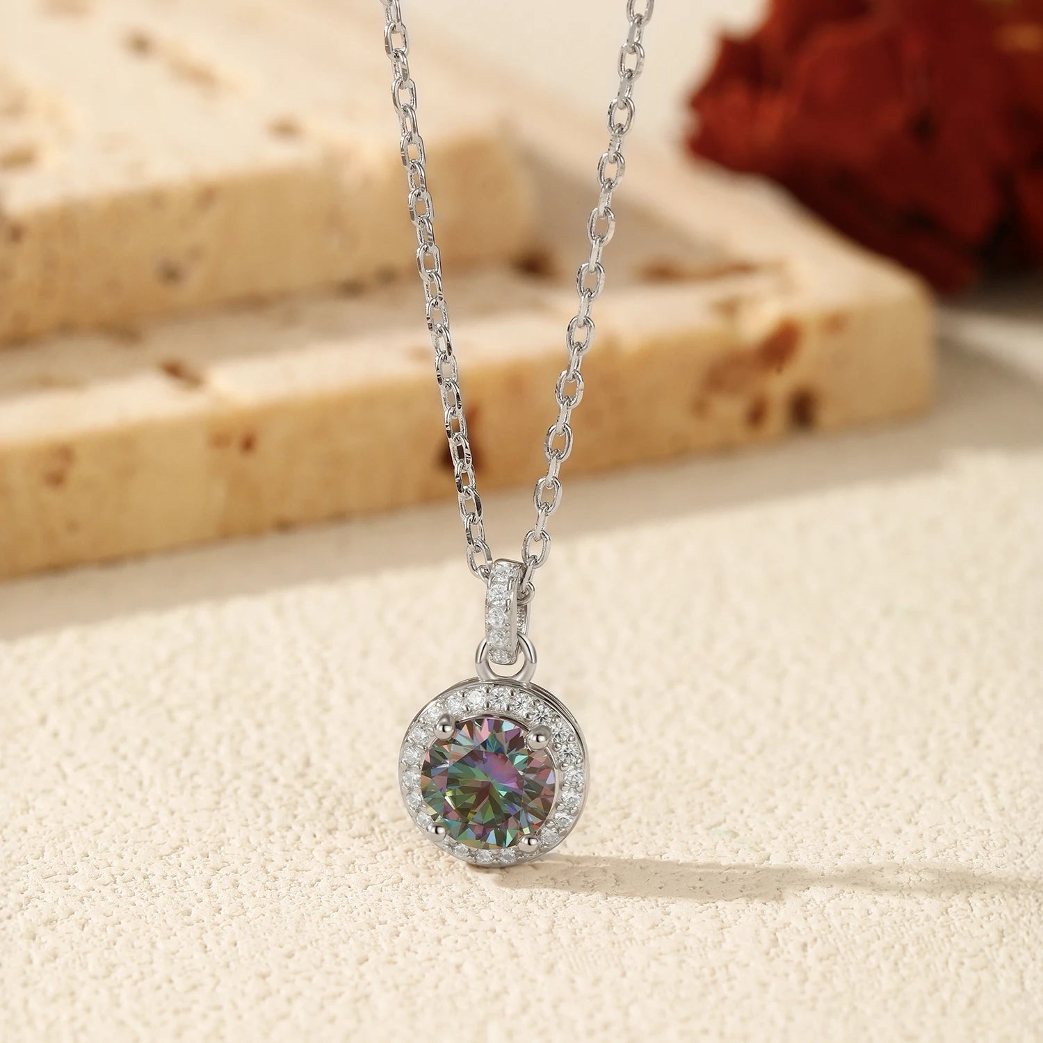 MODIAN 1CT Multicolor Round Moissanite Necklaces 925 Sterling Silver Luxury Classic Pendant Necklace For Women Fine Jewelry