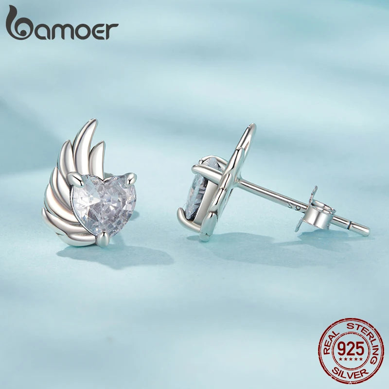 BAMOER 925 Sterling Silver Angel Wing Earrings, White Gold Plated Hypoallergenic Heart Earrings Y2K Jewelry Gift SCE1881