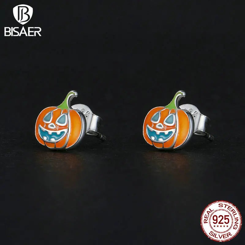 Boucles d'oreilles à tige en argent sterling 925 BISAER en forme de citrouille phosphorescente pour femme, bijoux fins pour fête d'Halloween