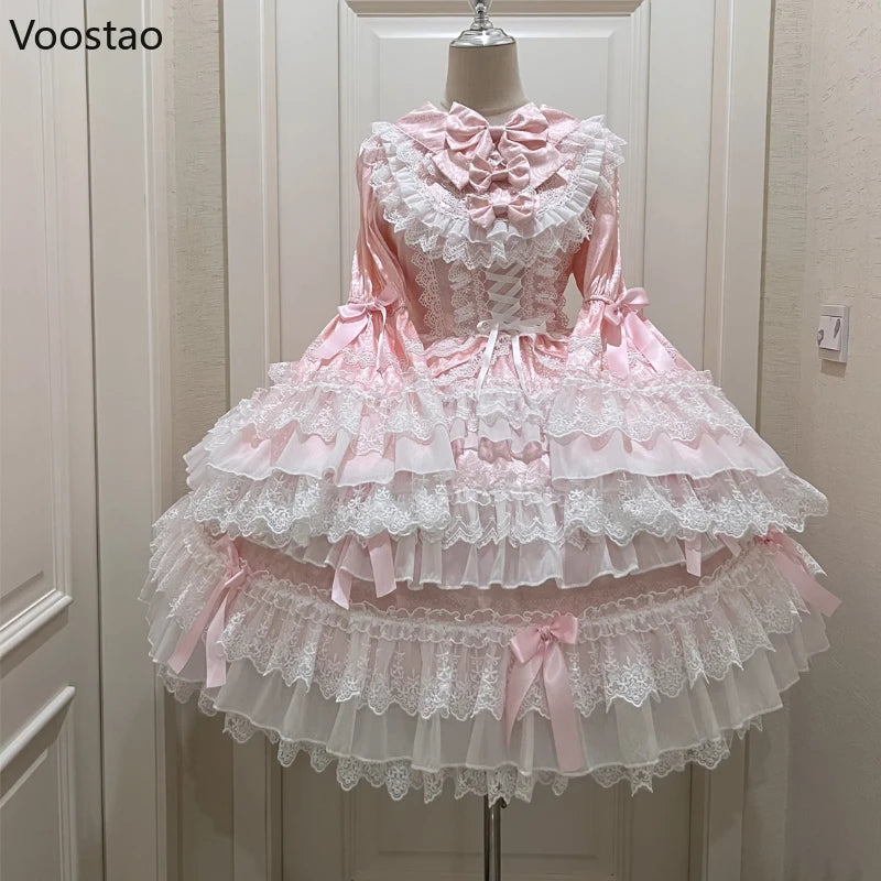 Victorian Vintage Lolita OP Dress Women Kawaii Cute Bow Lace Ruffle Fl