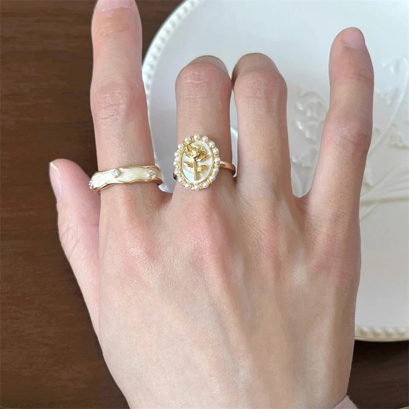 New Fashion Seashell Pearl Rings for Women Trendy French Style Rose Flower Shell Index Finger Ring Girl Party Aesthetics Jewelry