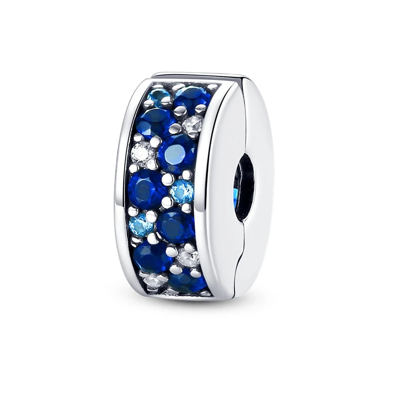 Silver Charm 925 Sterling Silver Clip Charms Safety Chain Charm CZ pave Round Clip Beads Fit Original Bracelet Jewelry Making