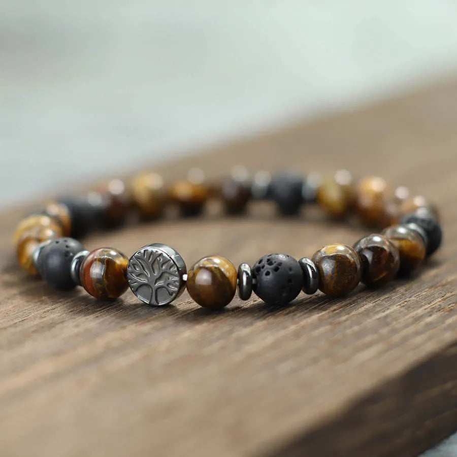 New Handmade Tree Of Life Bracelet Men Natural Tiger Eyes Volcanic Rock Hematite Stone Energy Healing Braslet Accessories Hombre