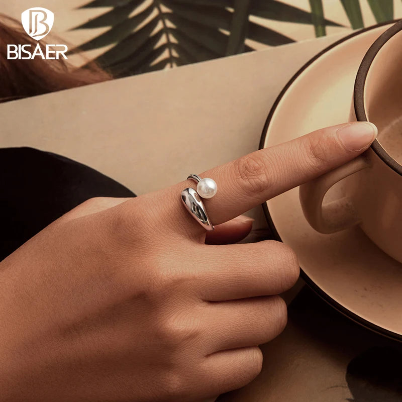 BISAER 925 Sterling Silver Pearl Open Ring Minimalist Metal Adjustable Band Plated White Gold for OL Women Party Fine Jewelry