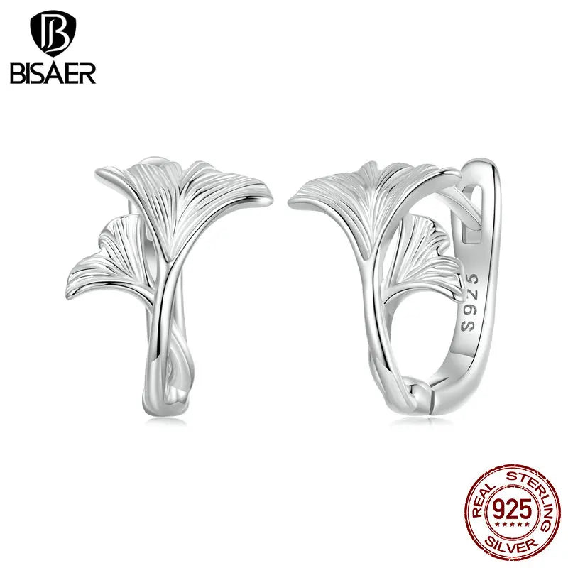 Boucles d'oreilles créoles en argent sterling 925 en forme de feuille de ginkgo plaqué or blanc pour fille, bijoux de mariage romantique, cadeau d'automne