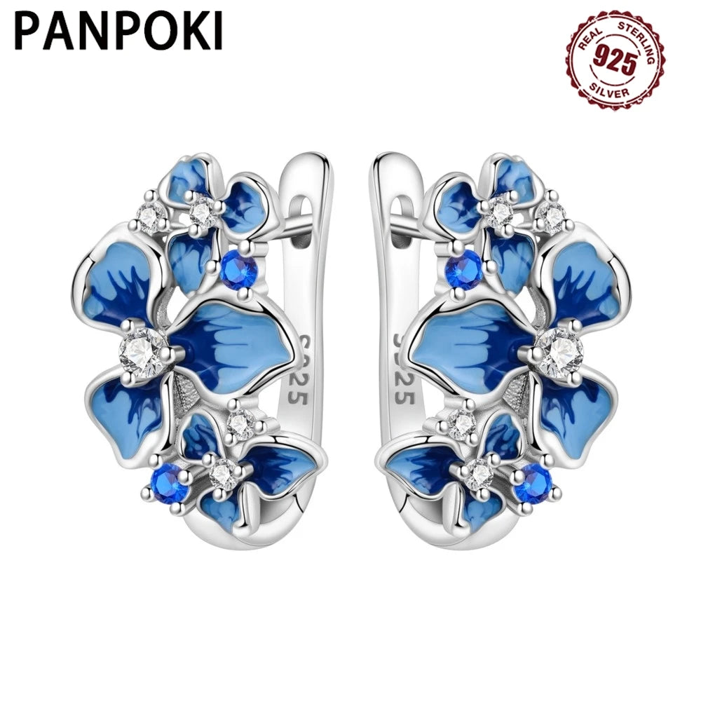 PANPOKI Original 925 Sterling Silver Blue Iris Flower Earrings Women Hoop Earring Anniversary Jewelry Trendy Gifts