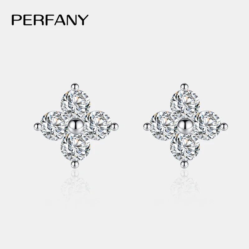 PERFANY All Moissanite Stud Earrings for Women S925 Pure Silver Classic Clover Laboratory Diamond Fashion Luxury Wedding Jewelry