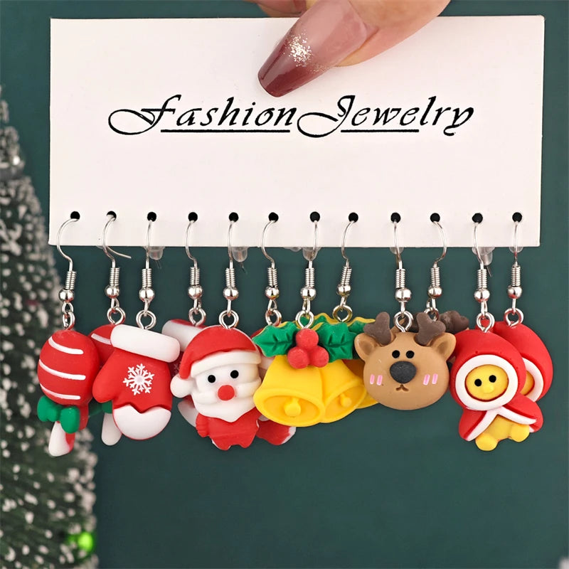6 Pairs Colorful Christmas Cartoon Dangle Earrings Set For Women Girls Cute Santa Claus Snowman Elk Resin Drop Earring Jewelry