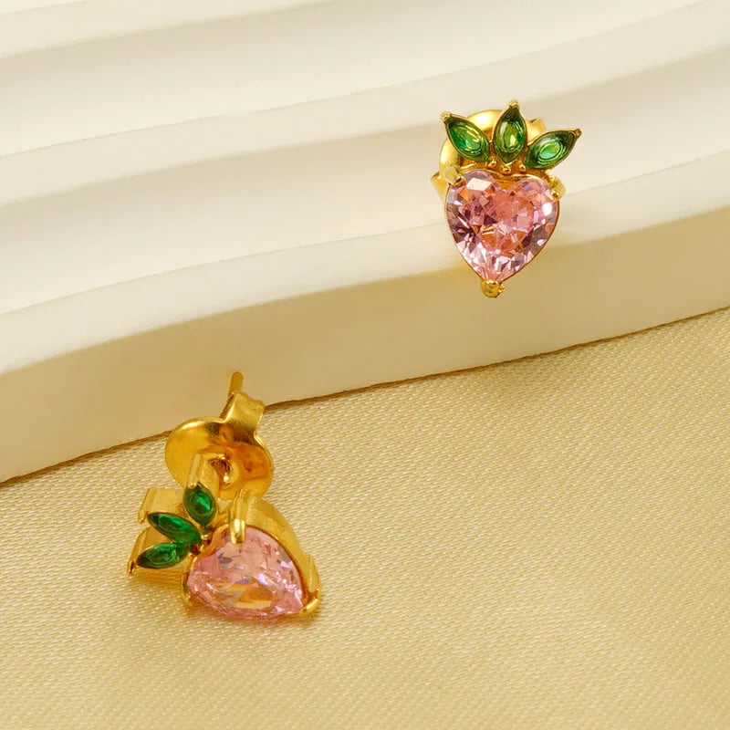 INS Sommer 18K Gold Farbe Edelstahl Rosa Zirkonia Obst Ohrstecker Wasserdicht Niedlich Post Ohrring Schmuck Geschenk