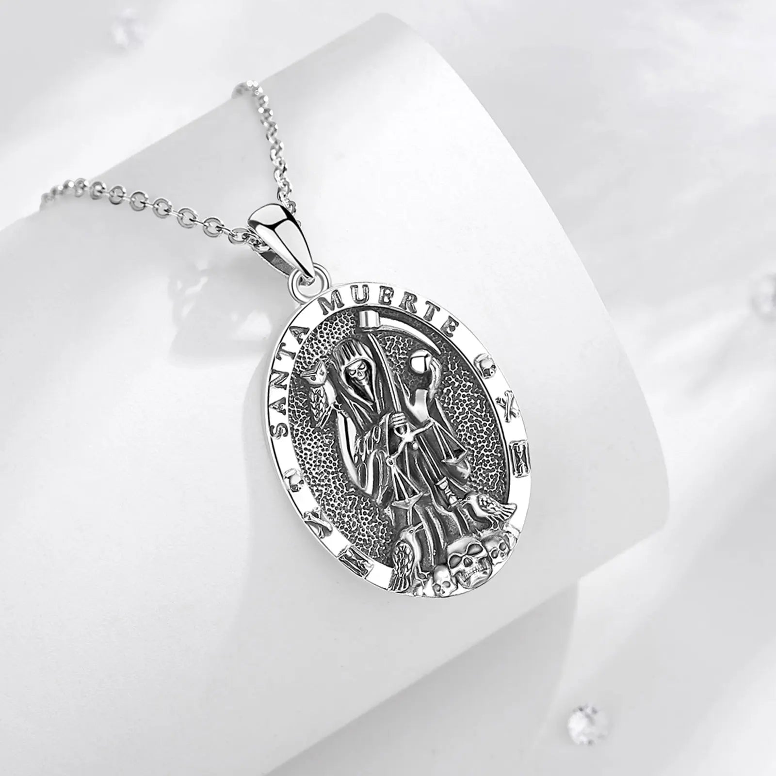 Eudora 925 Sterling Silver Santa Muerte Necklace for Women Man Holy Death Scythe Pendant Santa Muerte Jewelry Personality Gift