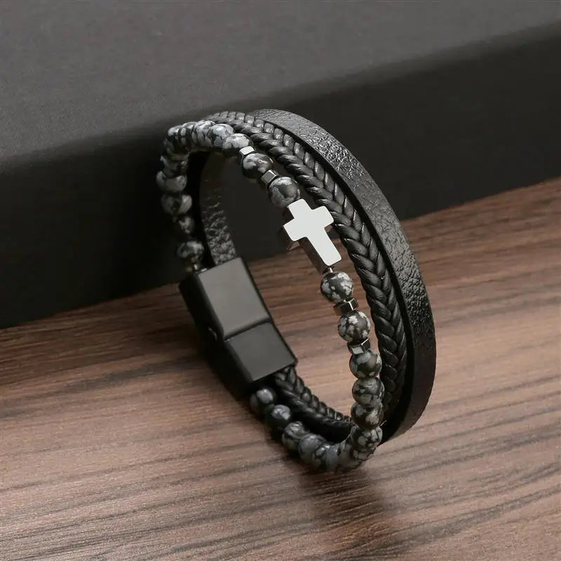 Fashion Cross Charm Mutilayer Leather Bracelet with Stainless Steel Clasp Men Punk Beaded Leather Bracelet For Men Jewelry Gift