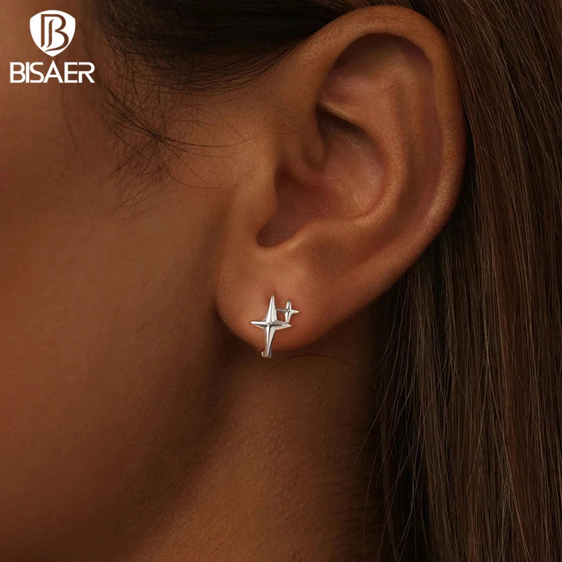 BISAER Boucles d'oreilles créoles en argent sterling 100 % 925 avec étoiles de rêve pour femme, bijoux de fête, de mariage, de fête, EFE1076