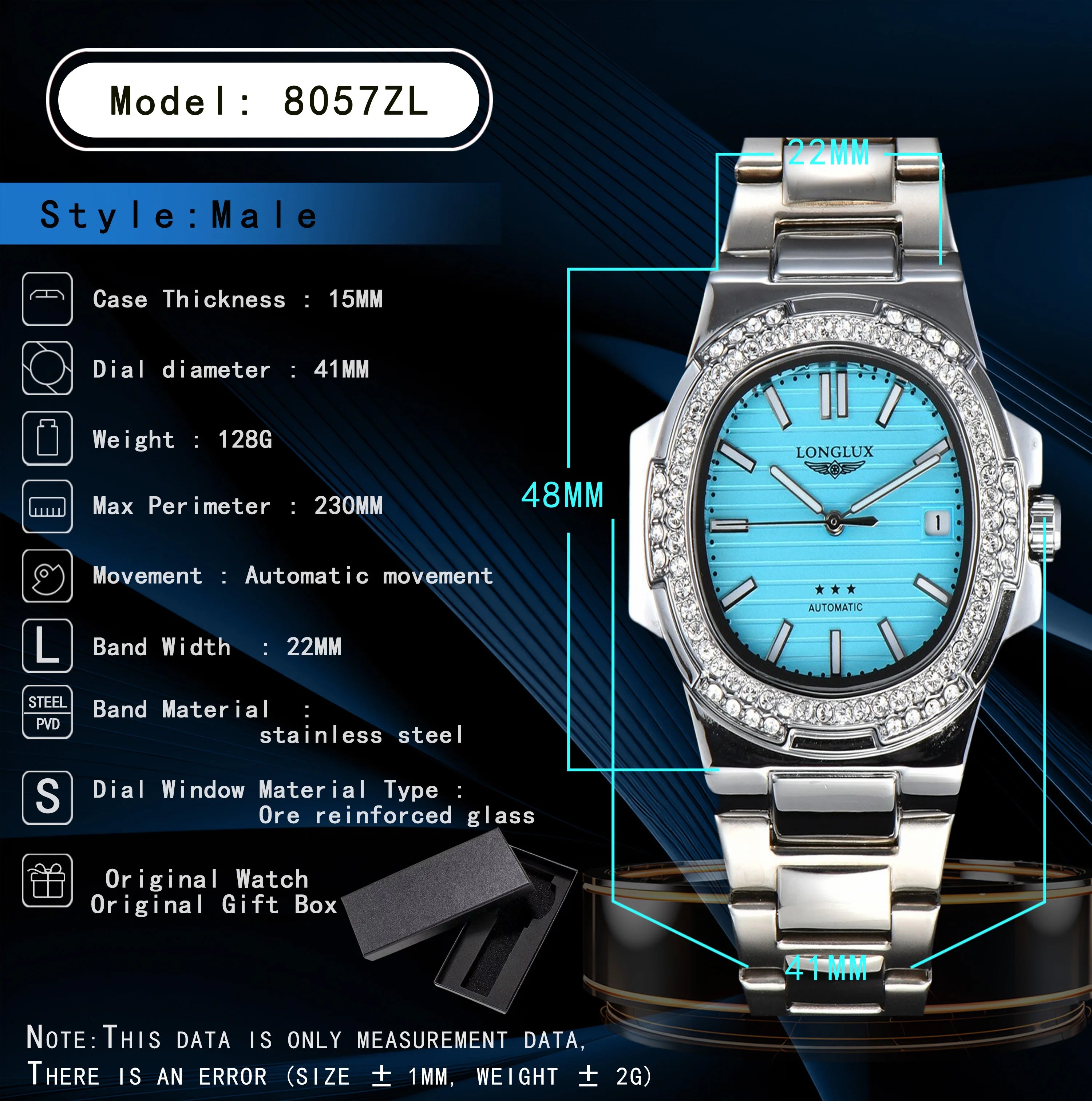 LONGLUX automatic man watch diamond watch luxury stainless steel wholesale mechanical watches day date waterproof man watch