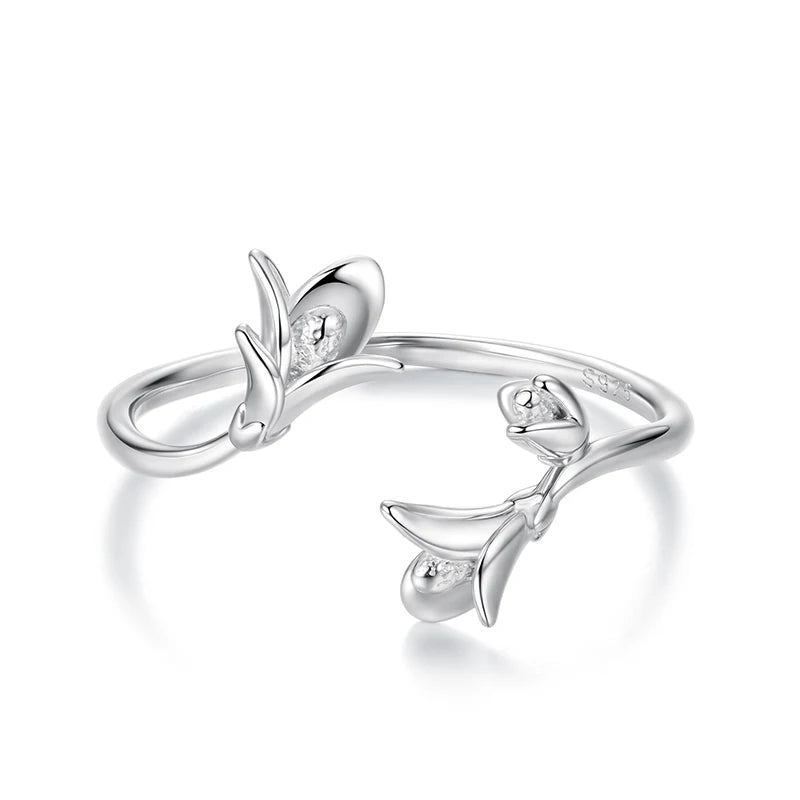 WOSTU 925 Sterling Sliver Open Adjustable Ring For Women, Leaf Flower Branch Ring Dainty Stackable Anillo Party Jewelry Gift
