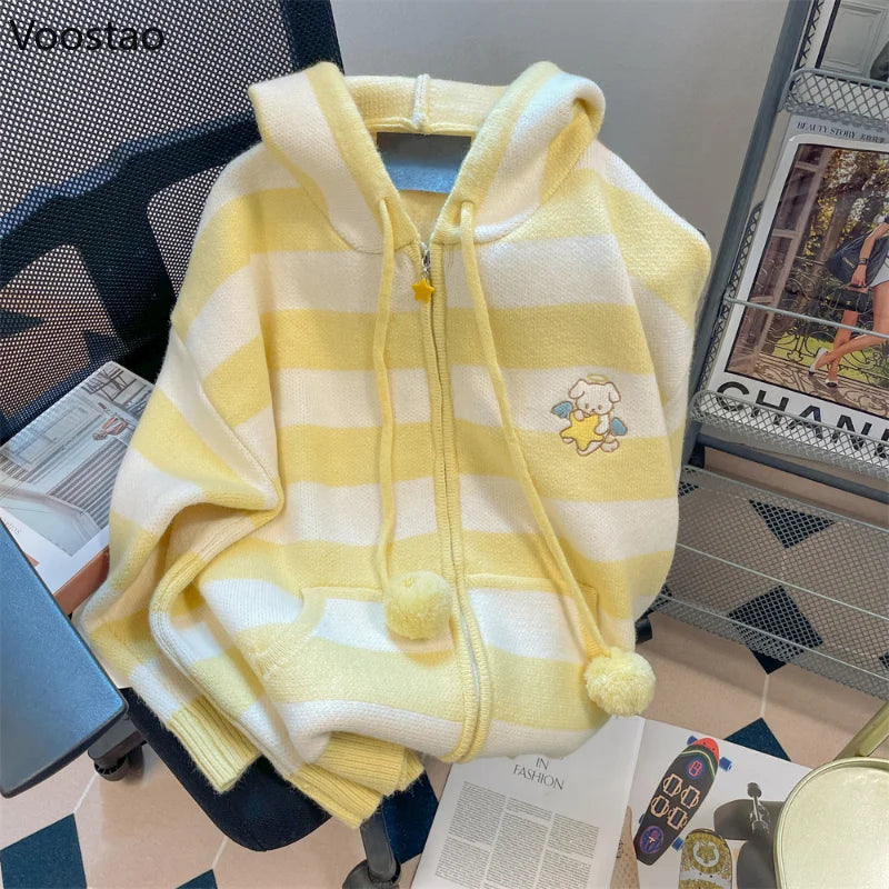Spring Autumn Casual Cartoon Embroidery Striped Hooded Sweater Women Sweet Knitted Cardigan Coat Japanese Girls Loose Knitwear