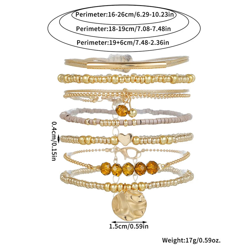 7Pcs Bohemian Heart Beads Round Pendant Bracelets For Women Elastic Beaded Stretchy Strand Chain Bangle Set Girl Party Jewelry