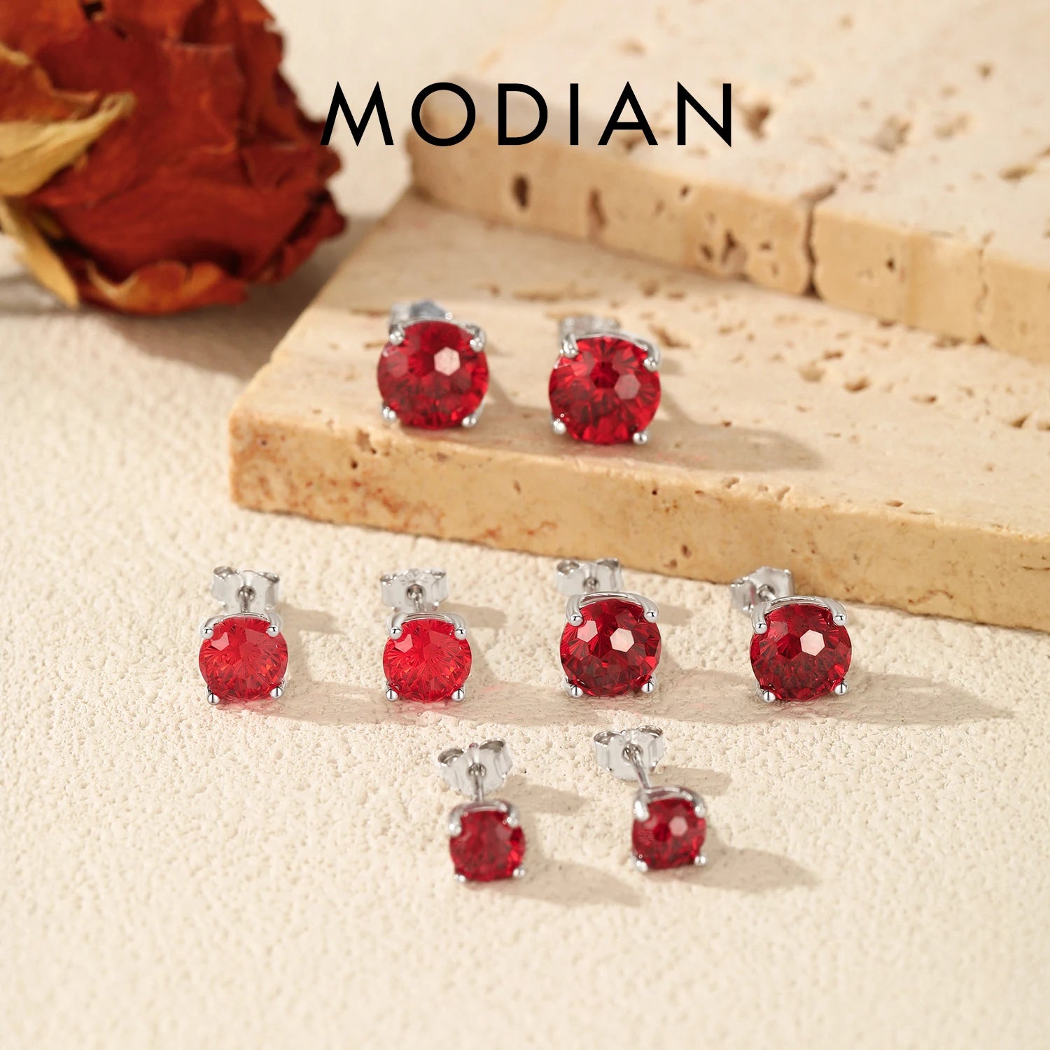 MODIAN 925 Sterling Silver Trendy Pomegranate Red Firework Cut Round CZ Stud Earrings For Women And Men Fine Jewelry