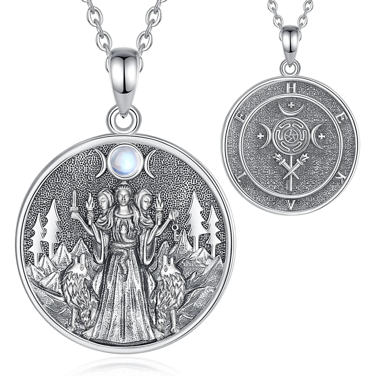 Eudora 925 Sterling Silver Hecate Dog Necklace Triple Moon Goddess Amulet Pendant Moonstone Triple Goddess Jewelry Women Gift
