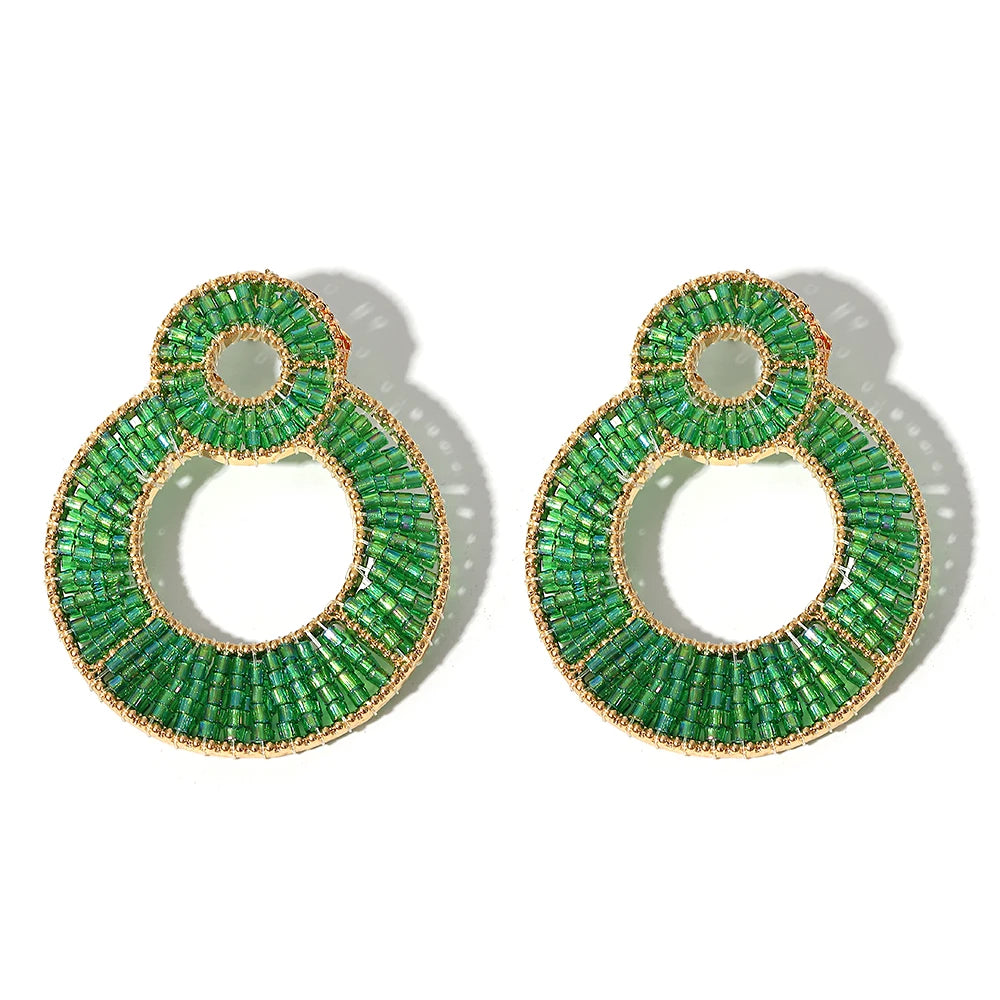 AENSOA Luxury Colorful Crystal Beaded Double Round Drop Earrings for Women Gold Color Metal Dangle Earrings Handmade Jewelry