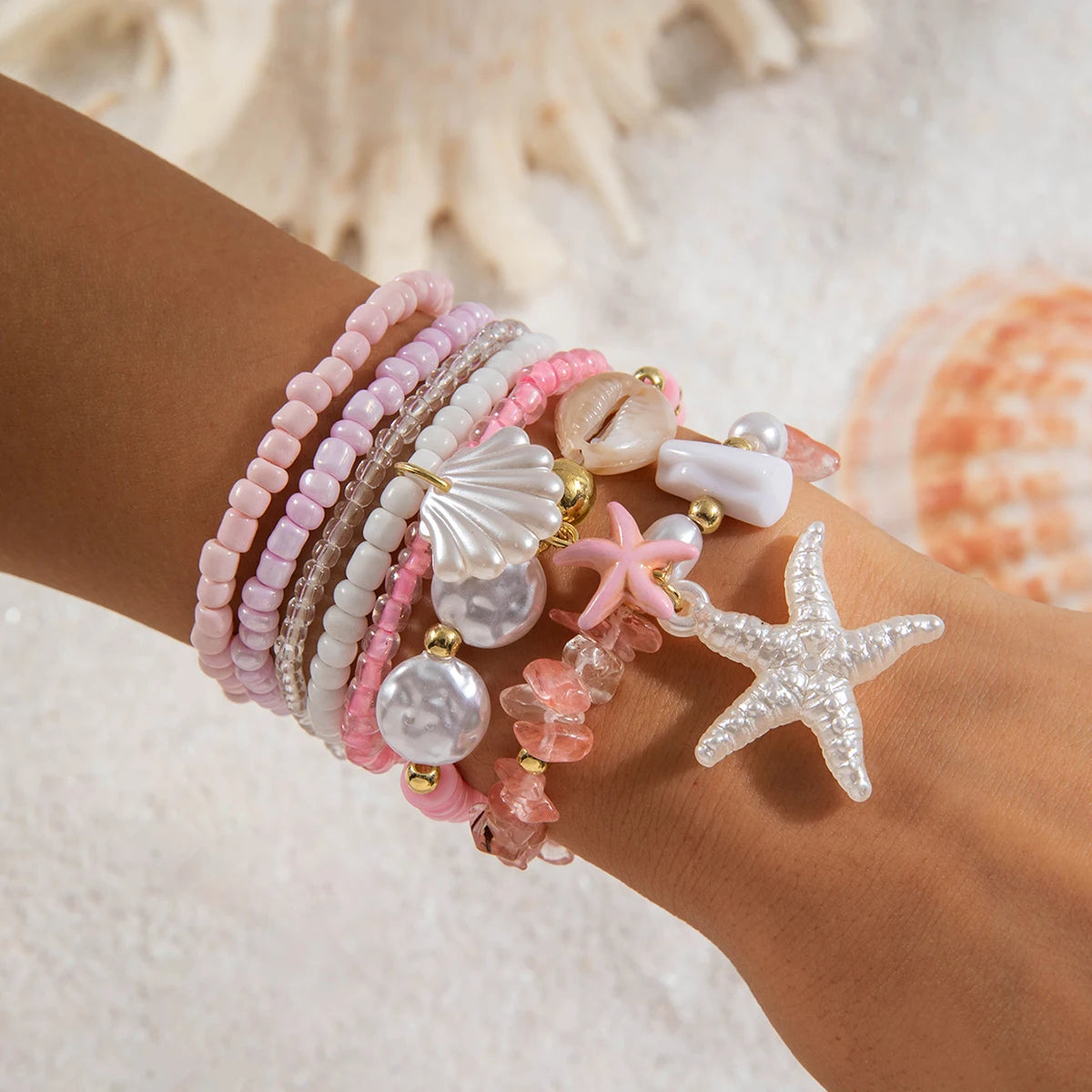 Tocona Bohemian Resort Style Shell Beaded Weaving Bracelet Beach Style Starfish Rice Beads Seven Piece Set for Women 25134 - Madeinsea©