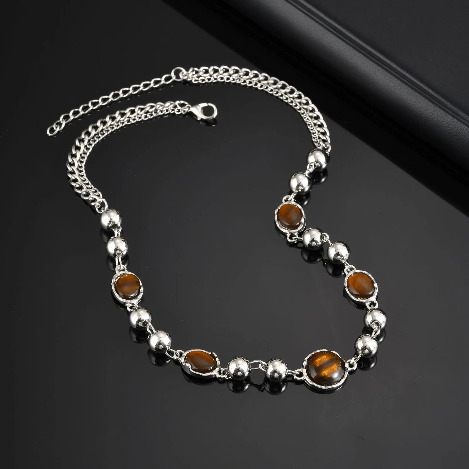 Vnox Aesthetic Tiger Eye Stone Beaded Chain Necklaces, Personality Men Women Chokers,Fashion Clavicle Chain