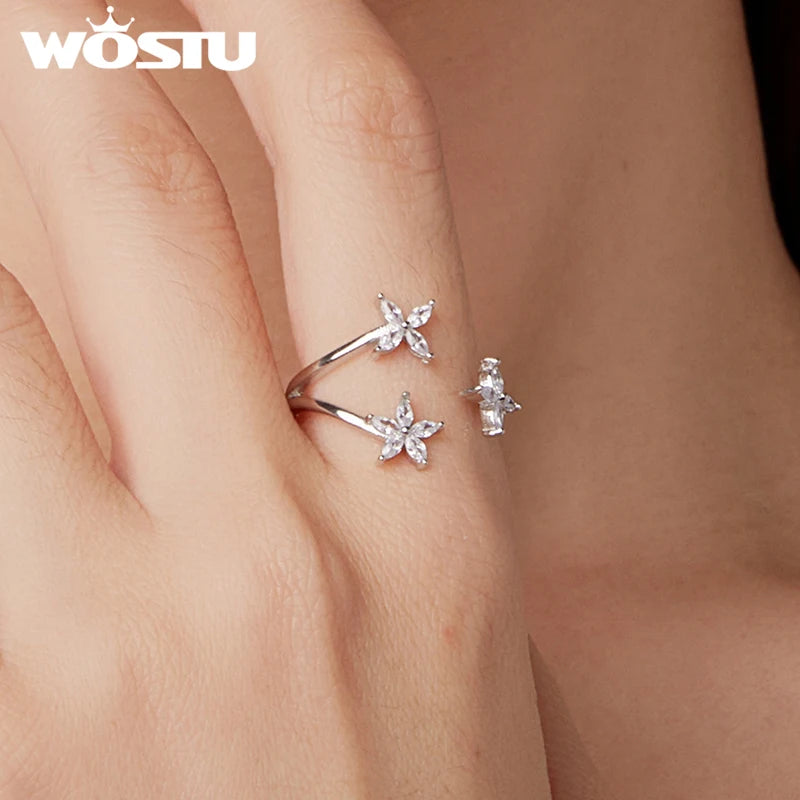 WOSTU 925 Sterling Silver Three Flower Open Ring For Women , Newest s925 Jewelry Gift Shiny AAA Zircon Stacking Leaf Rings R710