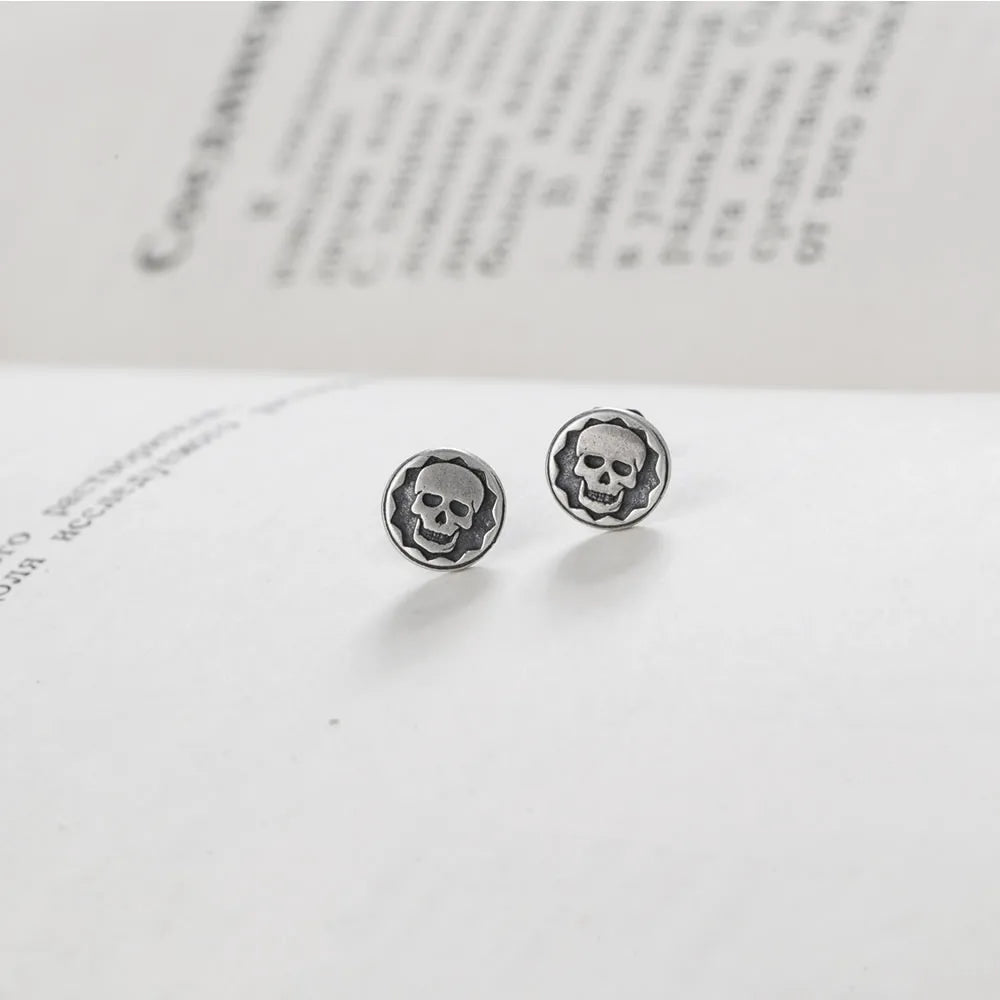 MKENDN 100% 925 Sterling Silver Creative Retro Skull Stamp Stud Earring Trendy Street Punk Style Ear Pin for Men Women Jewelry
