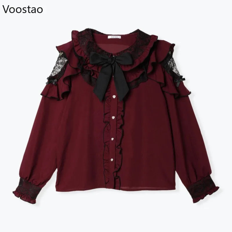 Japanese Gothic Lolita Shirt Women Y2k Aesthetic Sweet Bow Lace Ruffles Long Sleeve Blouse Women Harajuku Elegant Clothes Tops