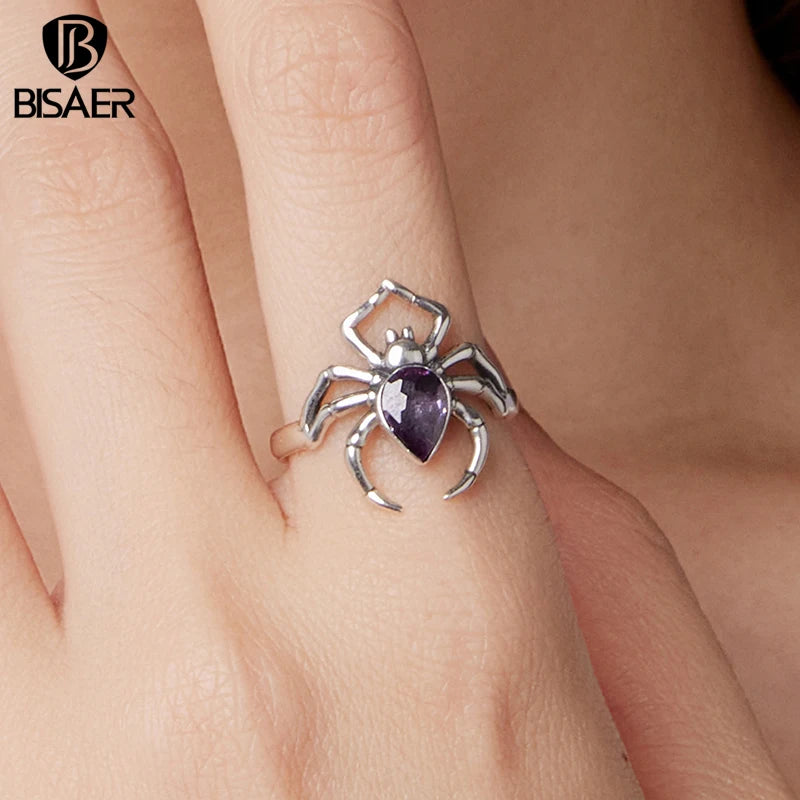 BISAER 925 Sterling Silver Spider Ring Purple Zircon Statement Band for Woman Party Original Fine Jewelry ECR1158