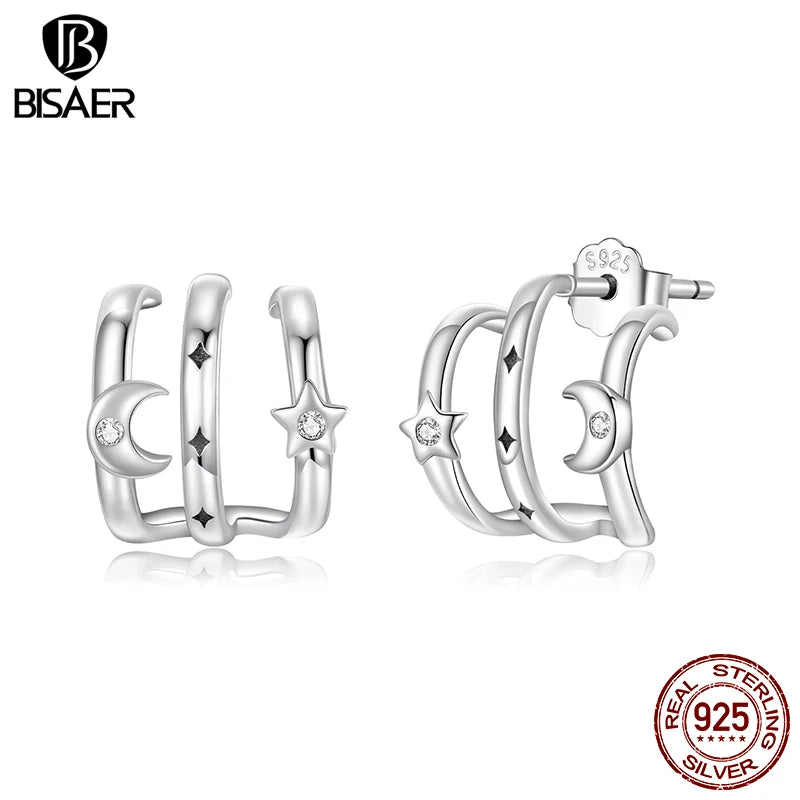 BISAER Solid 925 Sterling Silver Multi-layer Moon Star Earrings Simple Sparkling Zircon Stud Ear for Women Party Fine Jewelry