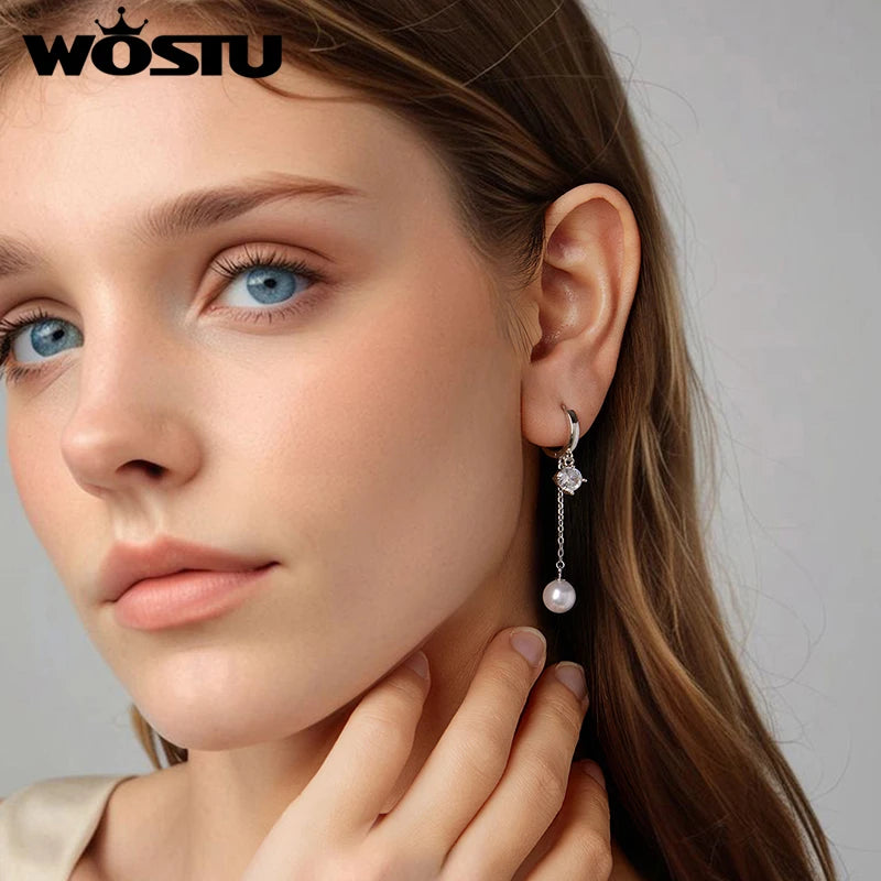 WOSTU 925 Sterling Silver Pearl Zircon Hoop Earrings For Women, 53mm Long Drop Dangle Earring Wedding Party Earrings Gift
