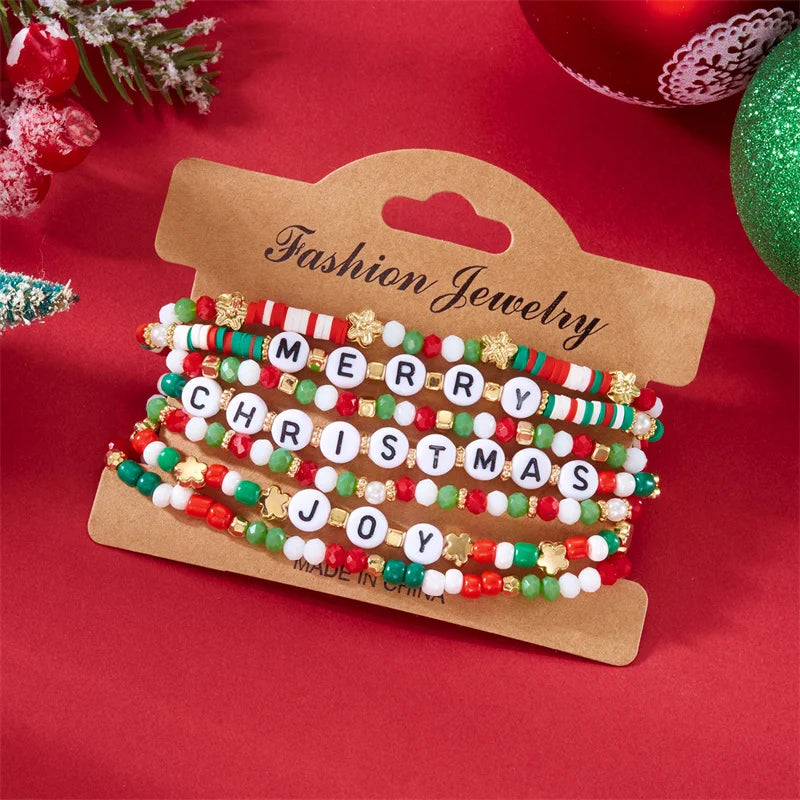 Multilayer Christmas Rice Beads Beaded Bracelet Set For Women Santa Claus Xmas Tree Crystal Polymer Clay Beads Bracelets Jewelry