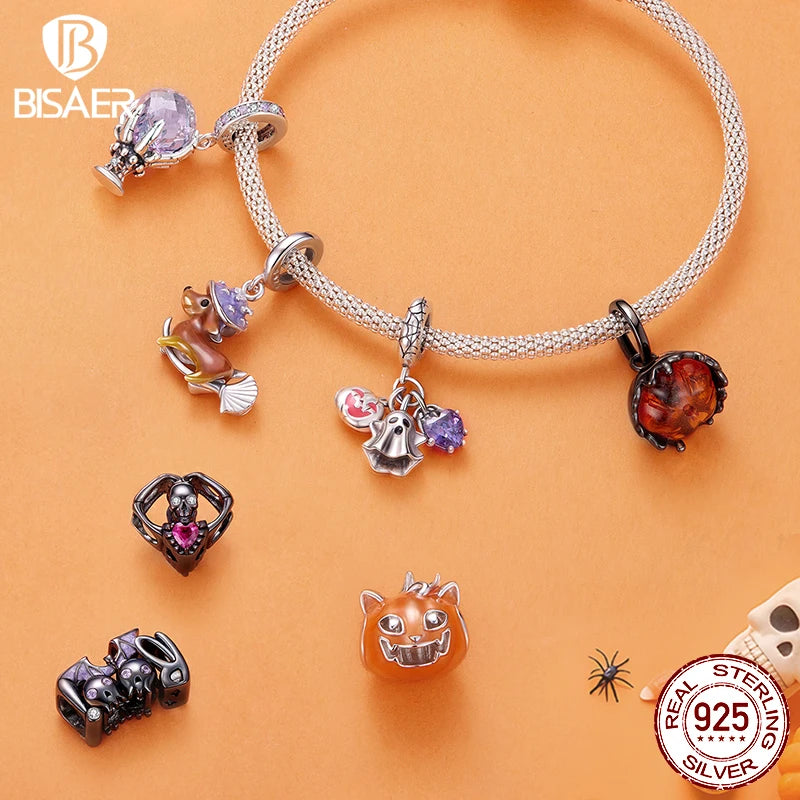 BISAER 925 Sterling Silver Halloween Skull & Pumpkin Charm Bead Pumpkin Cat Magic Crystal Pendant for Women DIY Bracelet Jewelry