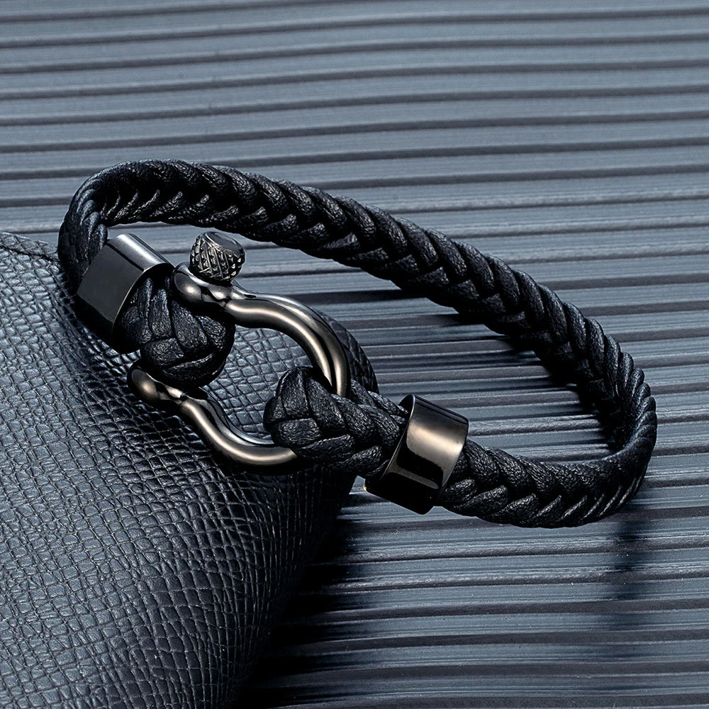 MKENDN Personalised Men's Nautical Shackle & Woven Black Leather Bracelet Gifts For Him Men's Jewellery