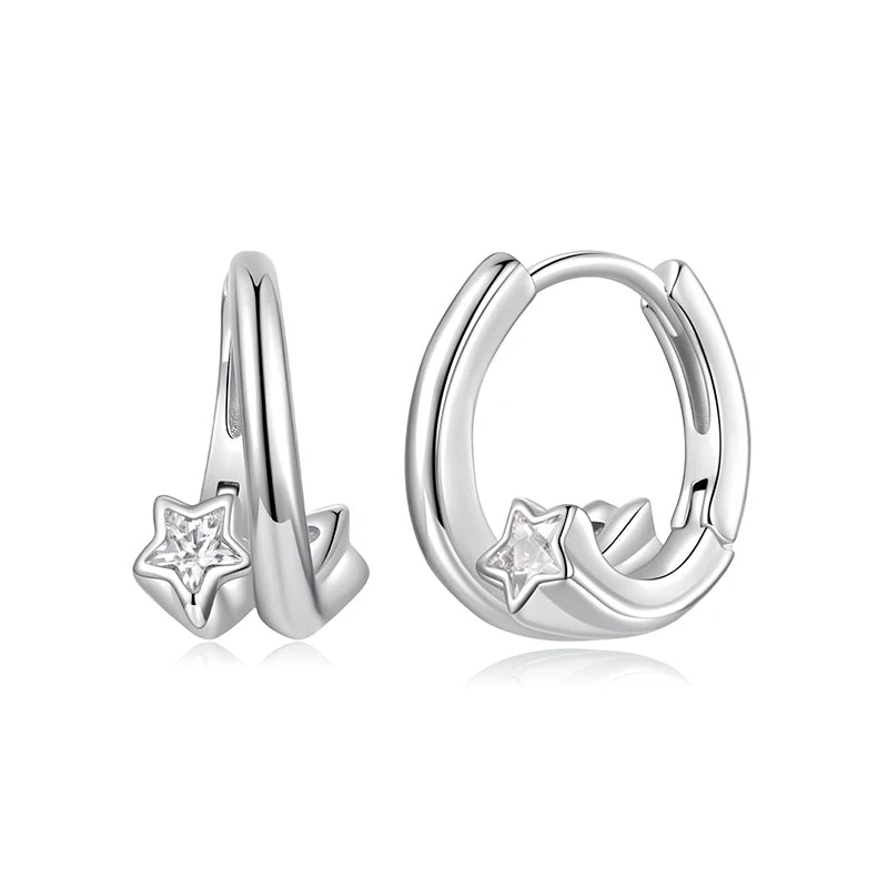 WOSTU Sterling Silver Star Huggies Earrings for Women, Minimalist CZ Hoop Earring Dainty Circle Ear Jewelry Gift for Girl