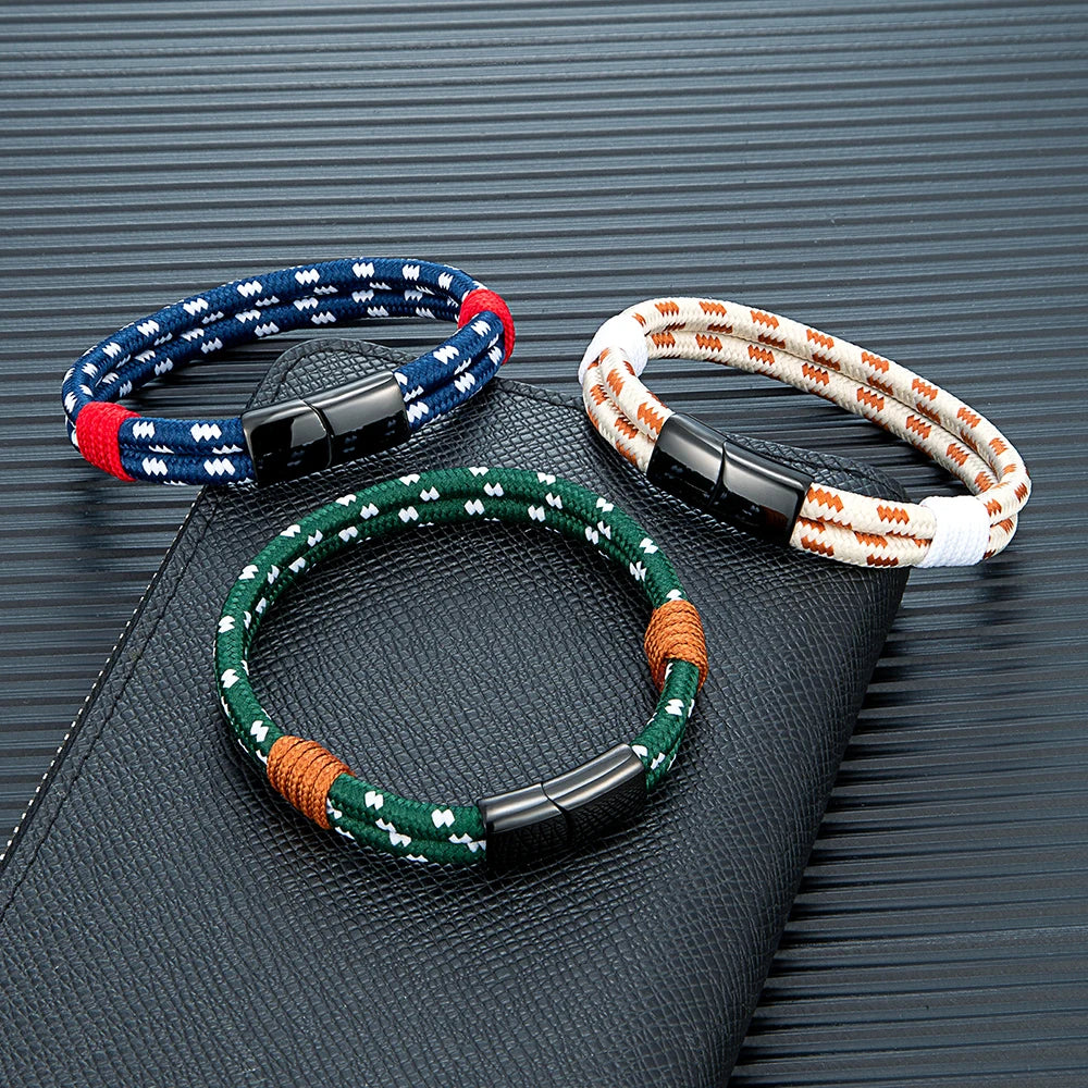 MKENDN Modisches schwarzes Edelstahl-Armband im maritimen Seil-Design für Damen und Herren, handgefertigt, doppellagig, Schmuckgeschenk für Paare