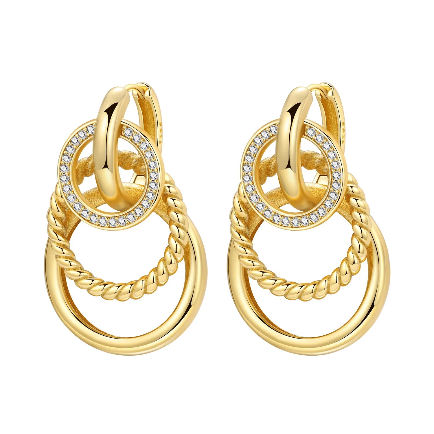 PANPOKI 925 Sterling Silver 18k Gold Elegant French 3-layer Drop Earrings Women Earrings Fashion Party Original Jewelry Gifts