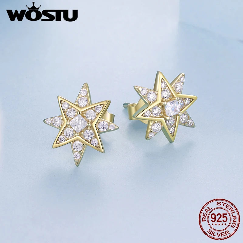 WOSTU 14K Gold Plated 925 Sterling Silver Star Stud Earrings For Women ,Sparkling CZ Earrings Hypoallergenic Birthday Gift