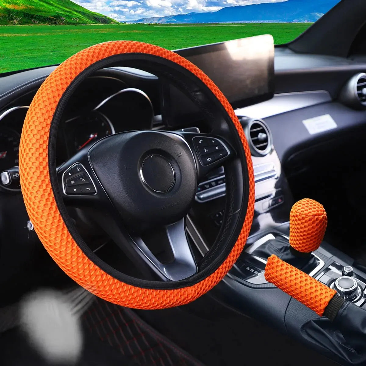 3-piece Massage Mesh Cloth Breathable Car without Inner Ring Steering Wheel Cover Handbrake Cover Handle Cover 14.5-15INCH - Madeinsea©