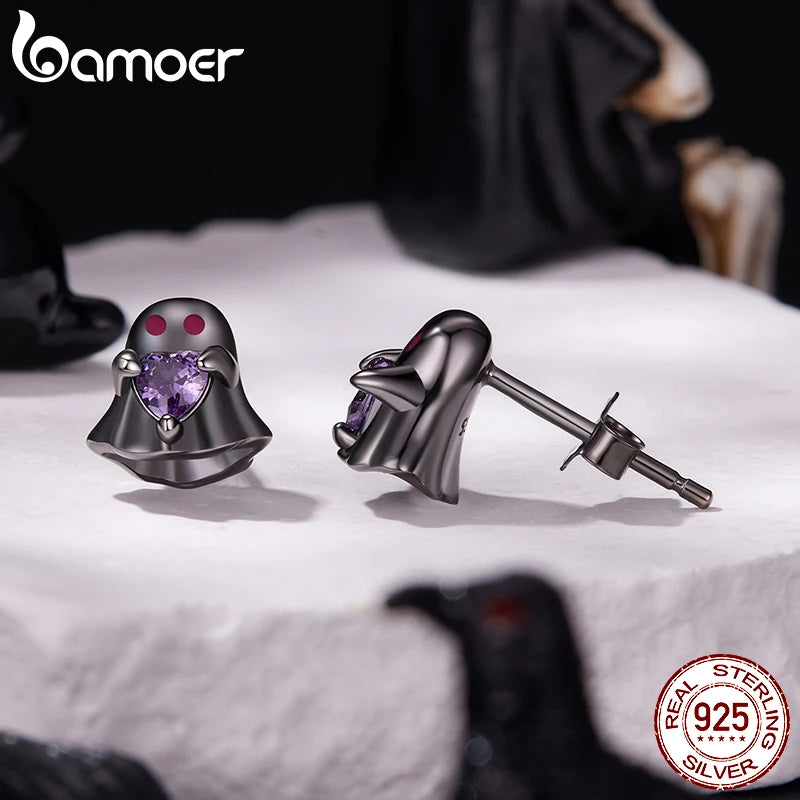 BAMOER 925 Sterling Silver Black Enamel Ghost Stud Earrings for Halloween Gift, Punk Style Purple Zircons Crow Piercing Earrings