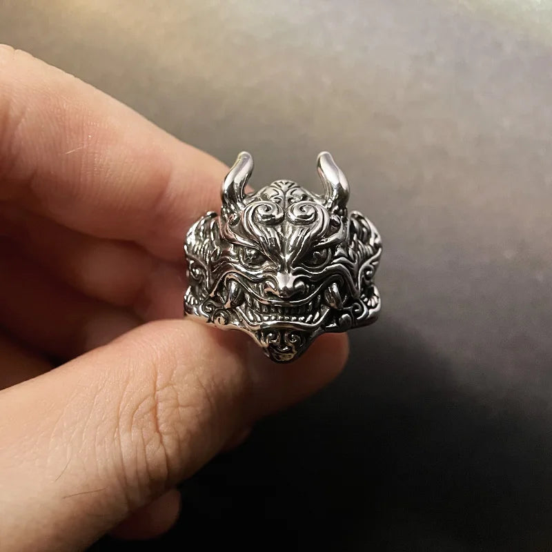Retro Mahakala Mask Ring For Men Silver Color Punk Gothic Rock Hiphop Adjustable Open Ring Handmade Jewelry Biker Accessories