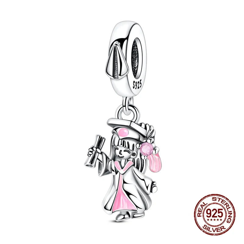 Original 925 Sterling Silver Charms Beads Graduation Season College Entrance Bachelor's Cap Pendant for Bracelet Charm Jewelry